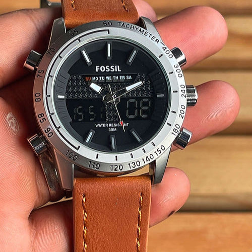 Fossil Analog-Digital Hybrid Chronograph Watch with Brown Leather Strap