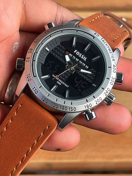 Fossil Analog-Digital Hybrid Chronograph Watch with Brown Leather Strap
