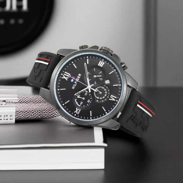 Hilfiger Black Dial Chronograph Watch with Black Rubber Strap