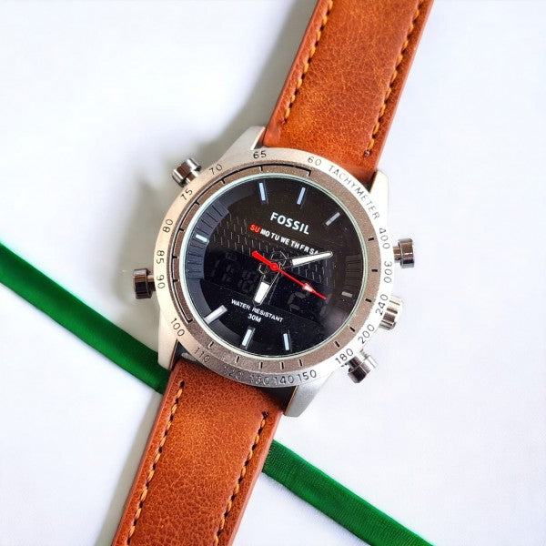 Fossil Analog-Digital Hybrid Chronograph Watch with Brown Leather Strap