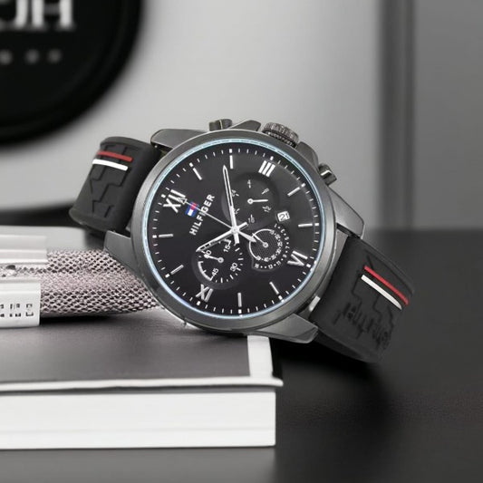 Hilfiger Black Dial Chronograph Watch with Black Rubber Strap