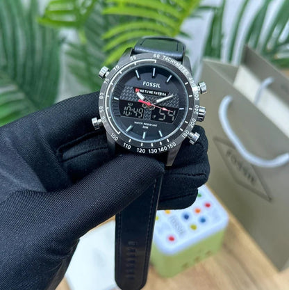 Fossil Analog-Digital Hybrid Chronograph Watch with Black Leather Strap