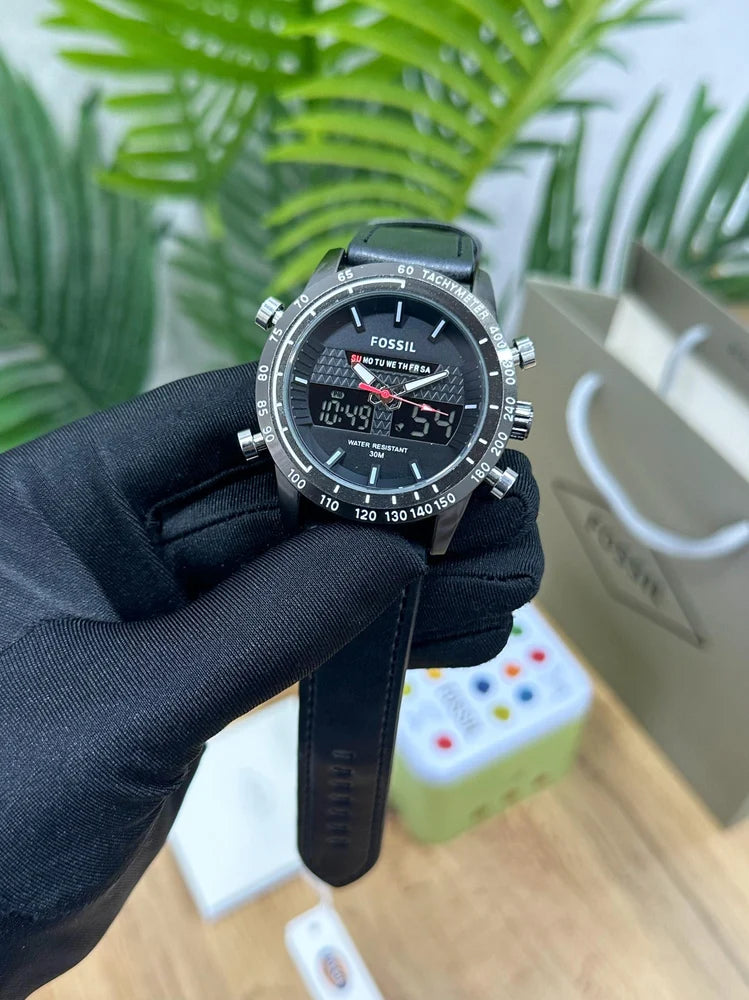 Fossil Analog-Digital Hybrid Chronograph Watch with Black Leather Strap