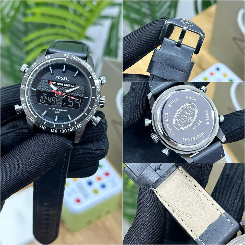 Fossil Analog-Digital Hybrid Chronograph Watch with Black Leather Strap